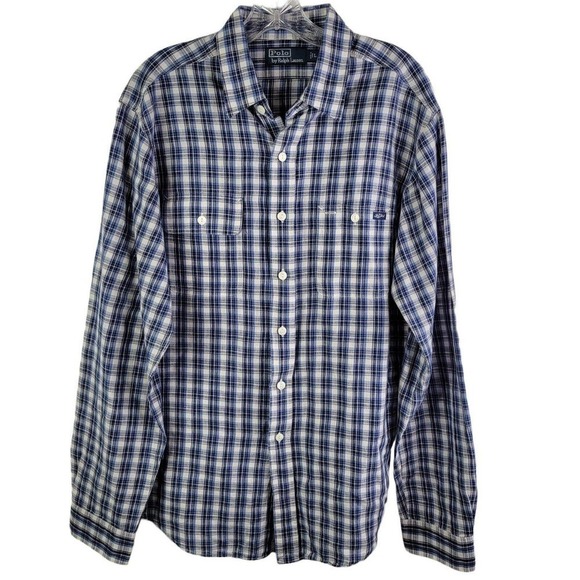 Polo Ralph Lauren Oxford Men's Large Blue Plaid Long Sleeve Button Up - Picture 2 of 8